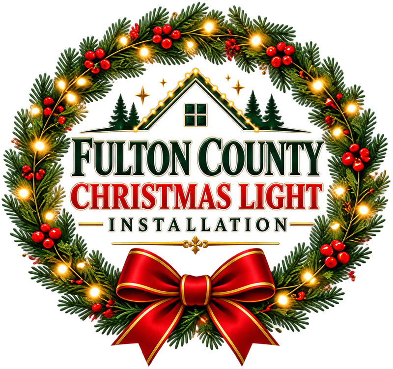 Fulton County Christmas Light Installation logo with evergreen wreath, Christmas lights, house and red bow